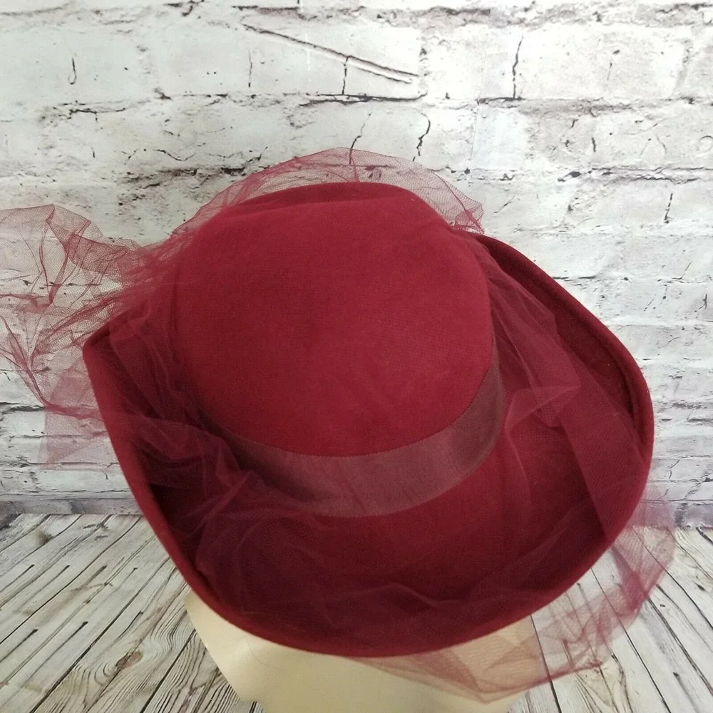 Vintage Michael Howard Maroon‎ Red Wool Hat Veil Church Derby Formal Wide Brim